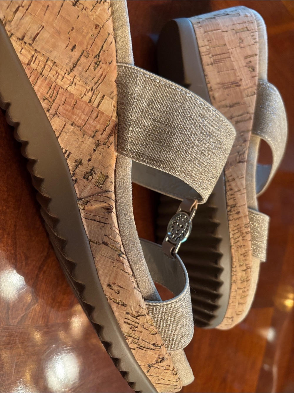 Anne Klein Beige Gold-Accent Double Strap Slide Sandals - Picture 2 of 3